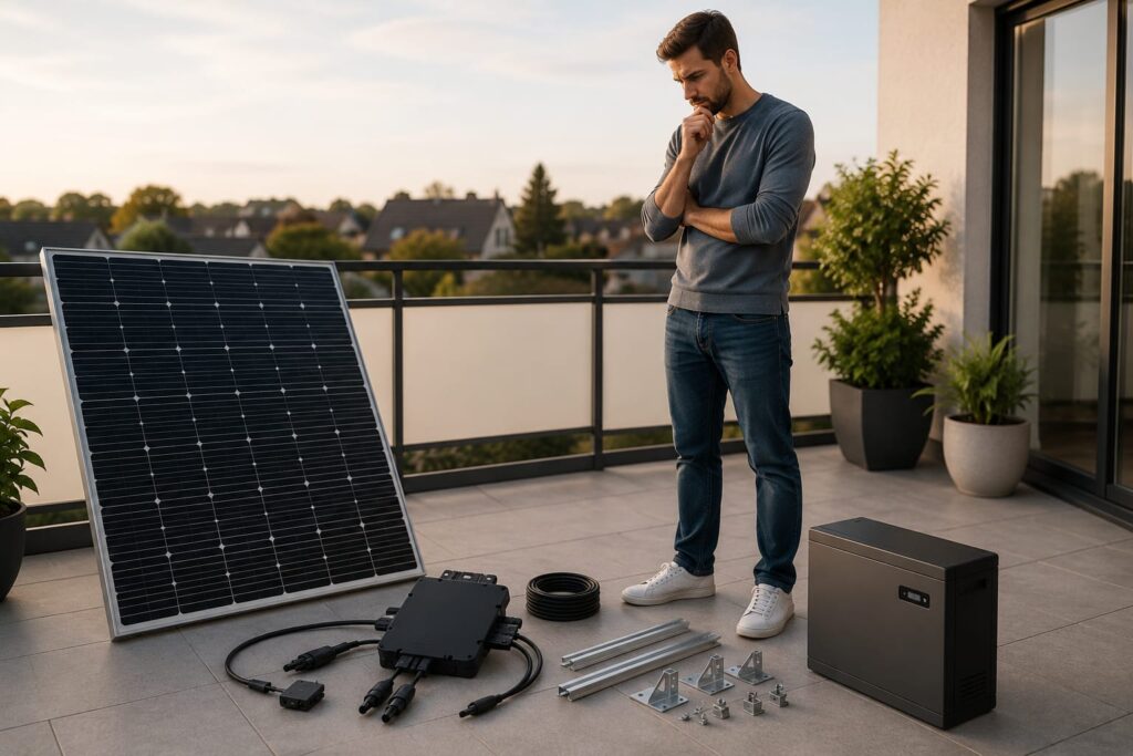 Person betrachtet verschiedene Komponenten eines 1000-Watt-Balkonkraftwerks auf einem Balkon vor dem Kauf.