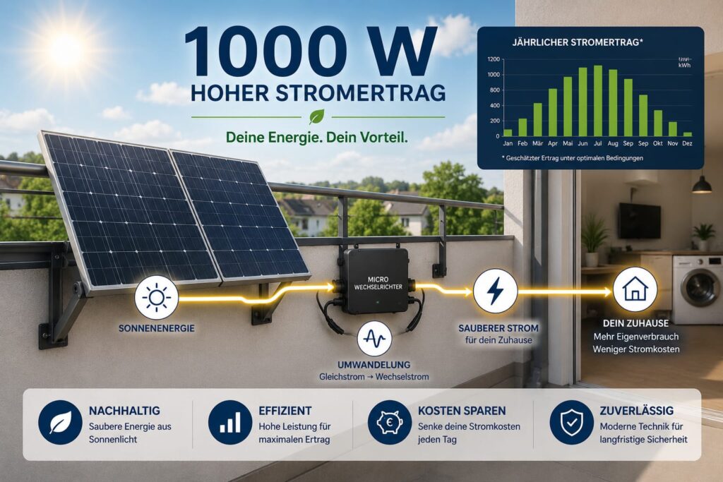 Infografik zur Stromerzeugung eines 1000-Watt-Balkonkraftwerks mit Solarmodulen, Wechselrichter und Energiefluss ins Haus.