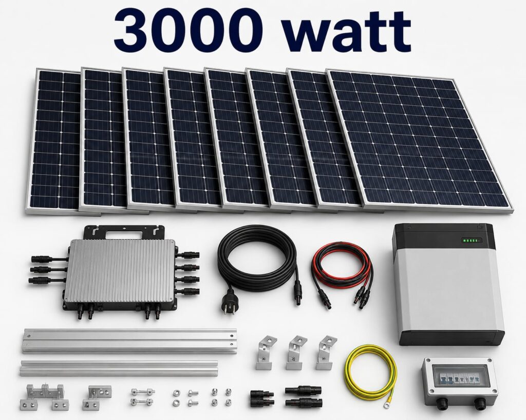 Balkonkraftwerk 3000 Watt Komponenten mit Solarmodulen, Wechselrichter und Batteriespeicher