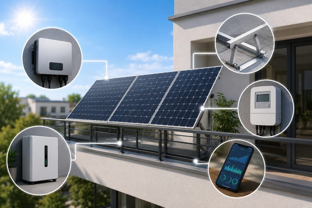 Balkonkraftwerk 4000 Watt mit Solarmodulen, Wechselrichter, Batteriespeicher, Montagesystem, Smart Meter und Monitoring-App auf einem modernen Balkon.
