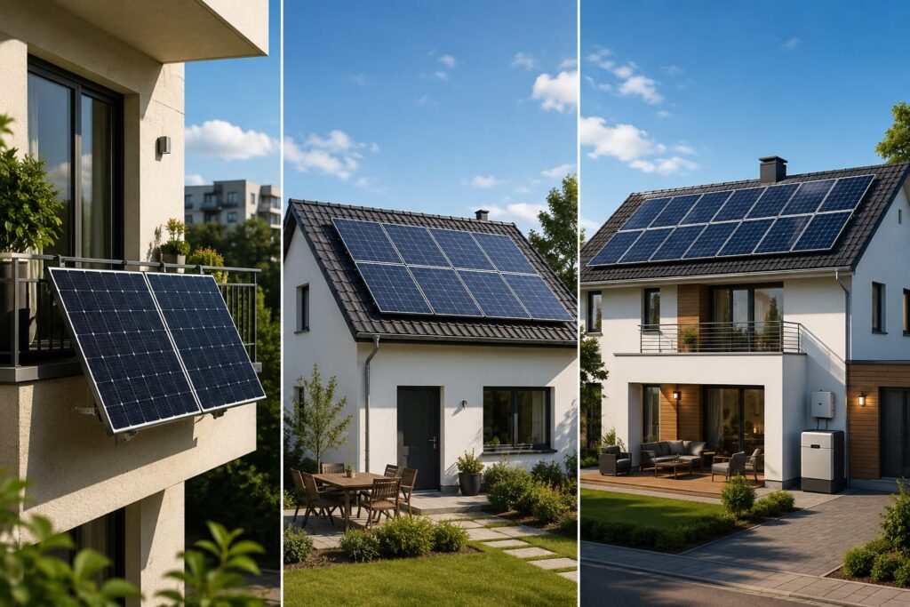 Realistischer Vergleich eines 800-, 2000- und 4000-Watt-Balkonkraftwerks mit Solarmodulen auf Balkon und Hausdächern sowie Batteriespeicher.