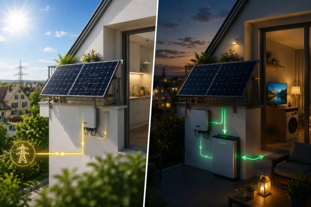 Modernes Balkonkraftwerk 4000 Watt mit Batteriespeicher zeigt Solarstromspeicherung am Tag und die Nutzung der gespeicherten Energie am Abend in einem Einfamilienhaus.