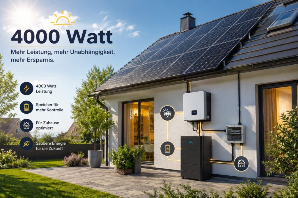 Modernes Balkonkraftwerk 4000 Watt mit Solarmodulen, Speicher und Wechselrichter an einem Einfamilienhaus bei sonnigem Wetter