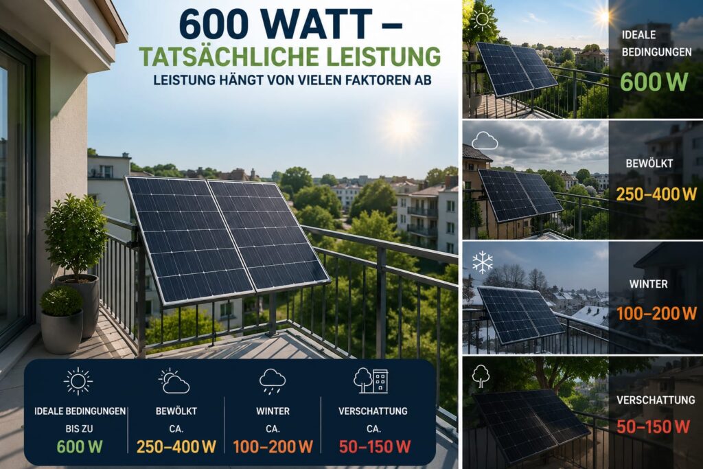 600 Watt Balkonkraftwerk – Vergleich der tatsächlichen Leistung bei Sonne, Bewölkung, Winter und Verschattung