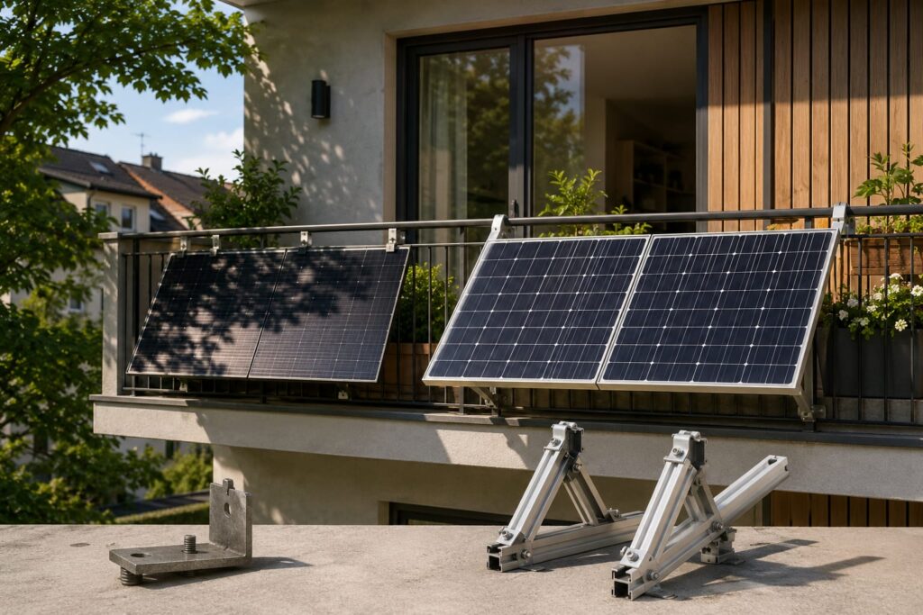 Balkonkraftwerk 600 Watt mit richtig und falsch installierten Solarmodulen auf einem Balkon zur Veranschaulichung häufiger Kauf- und Installationsfehler