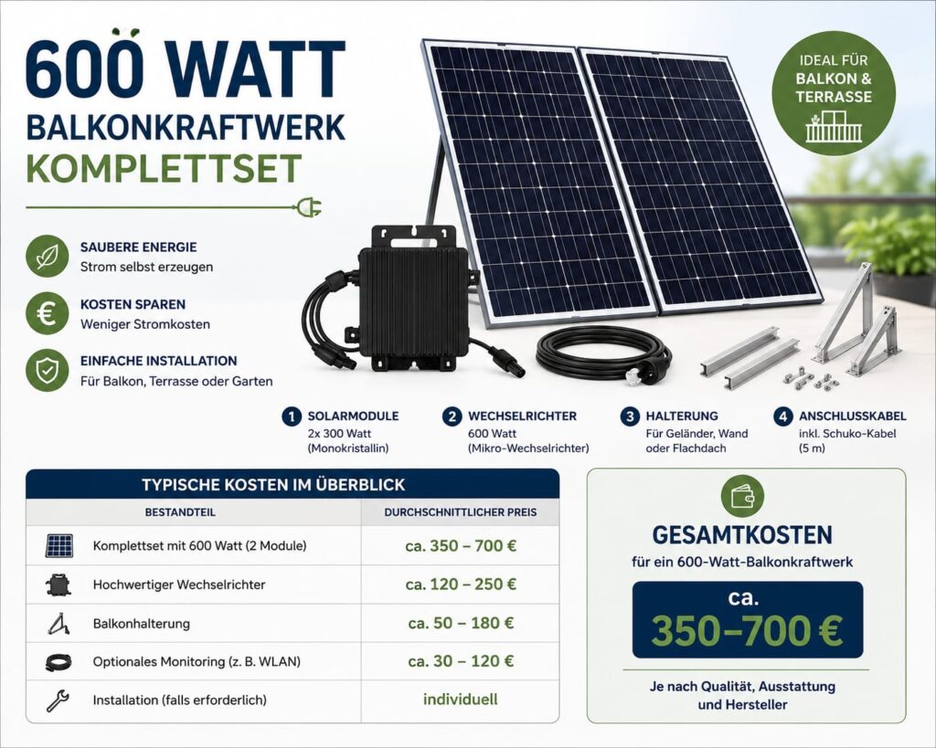 600 Watt Balkonkraftwerk Komplettset mit Solarmodulen, Wechselrichter, Halterung und Kostenübersicht