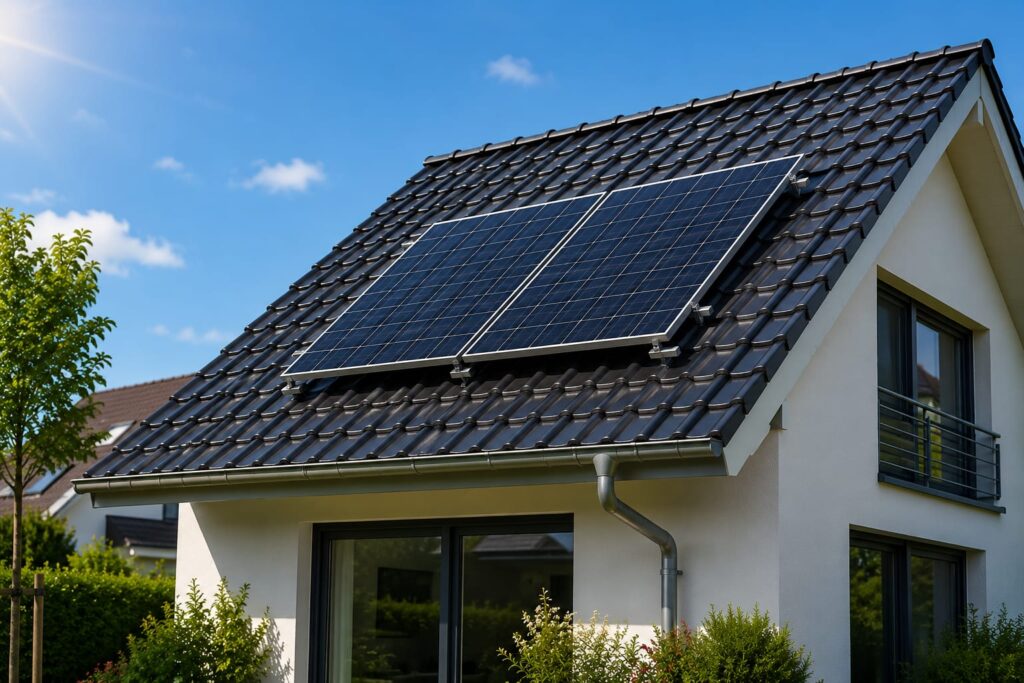 Balkonkraftwerk Dachmontage auf einem Schrägdach mit sicher befestigten Solarmodulen
