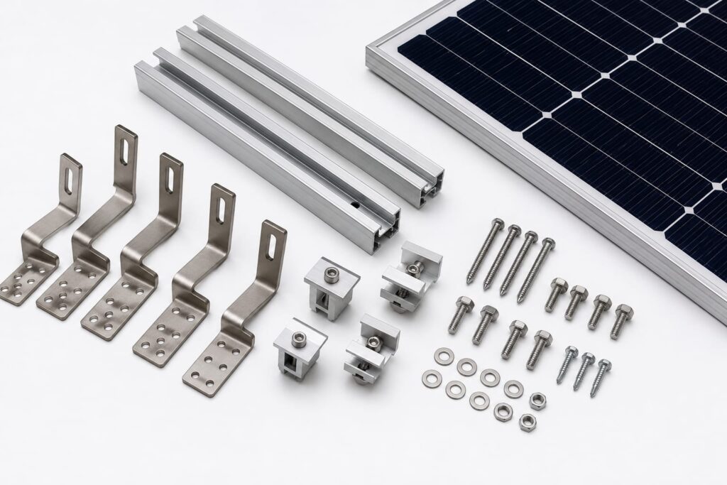Balkonkraftwerk Dachhalterung mit Dachhaken, Aluminiumschienen, Modulklemmen und Schrauben