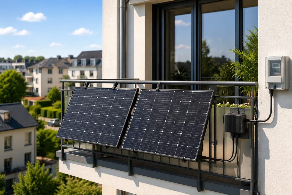 Balkonkraftwerk mit zwei Solarmodulen auf einem modernen Balkon in Deutschland