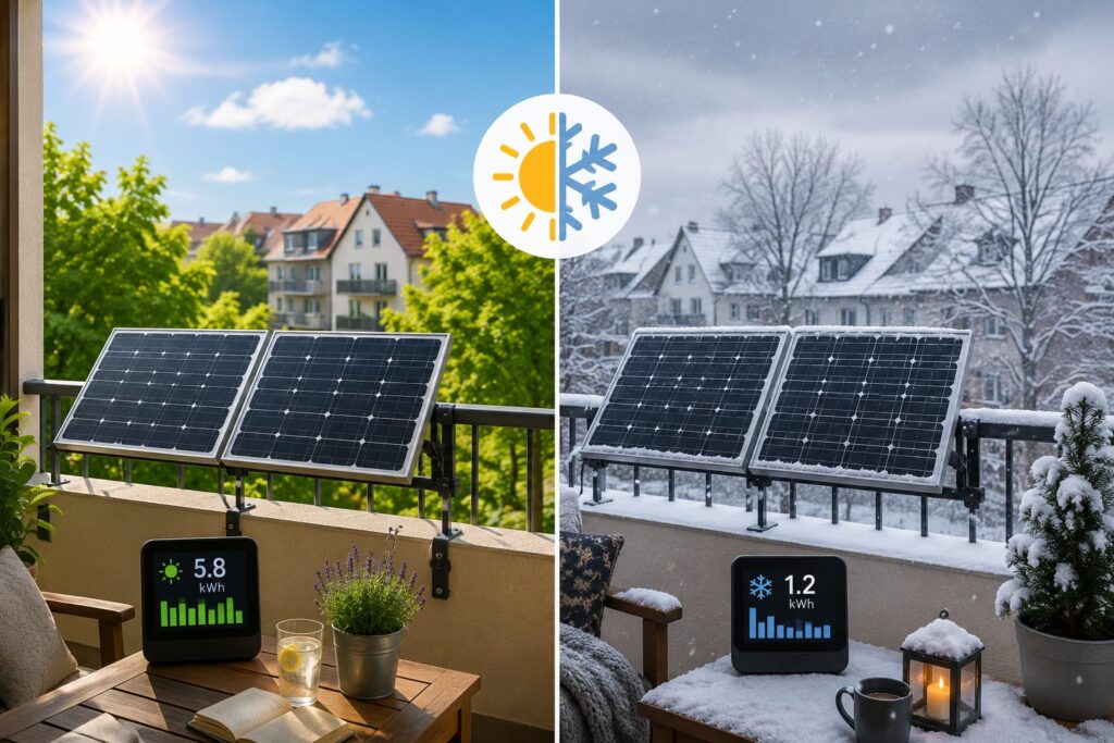 Vergleich des täglichen Balkonkraftwerk Ertrags im Sommer und Winter mit Solarmodulen