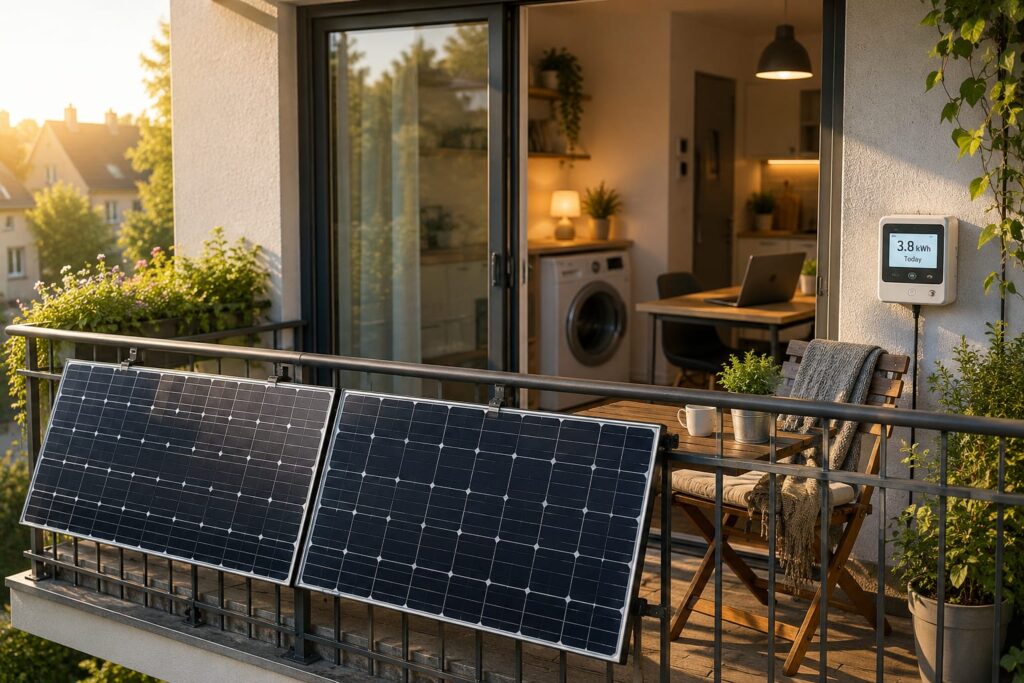 Balkonkraftwerk auf einem sonnigen Balkon mit täglichem Stromertrag und Energiezähler