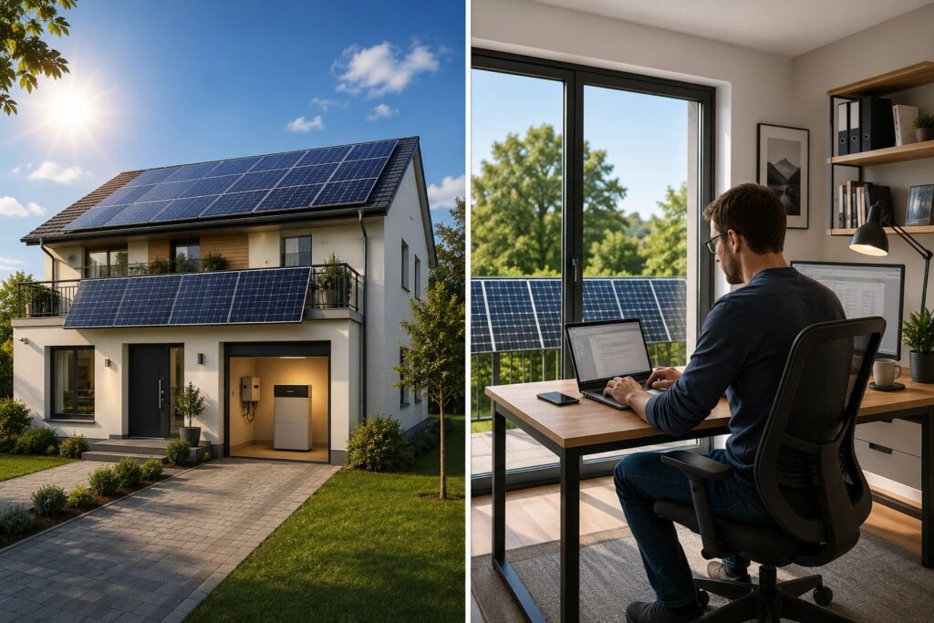 Vergleich zwischen einem tagsüber leeren Haushalt mit Batteriespeicher und einem Homeoffice mit Balkonkraftwerk