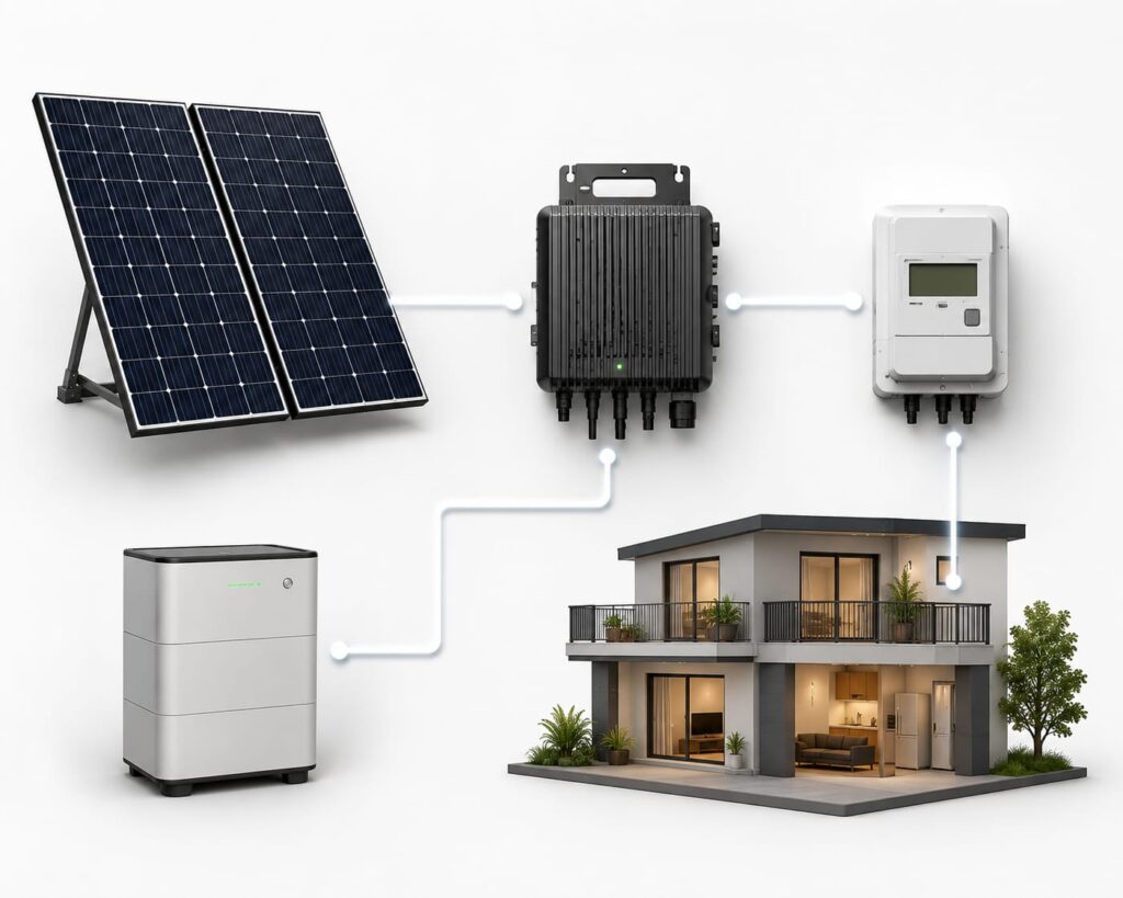 Komponenten einer Balkonkraftwerk Nulleinspeisung mit Solarmodulen, Wechselrichter, Smart Meter, Batteriespeicher und Wohnhaus