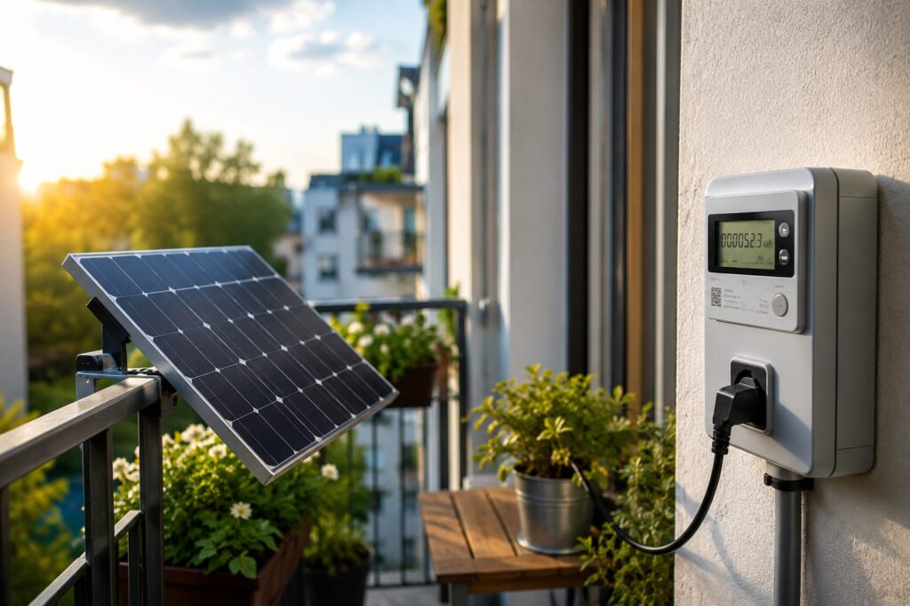 Digitaler Balkonkraftwerk Stromzähler neben einem Balkonsolarmodul