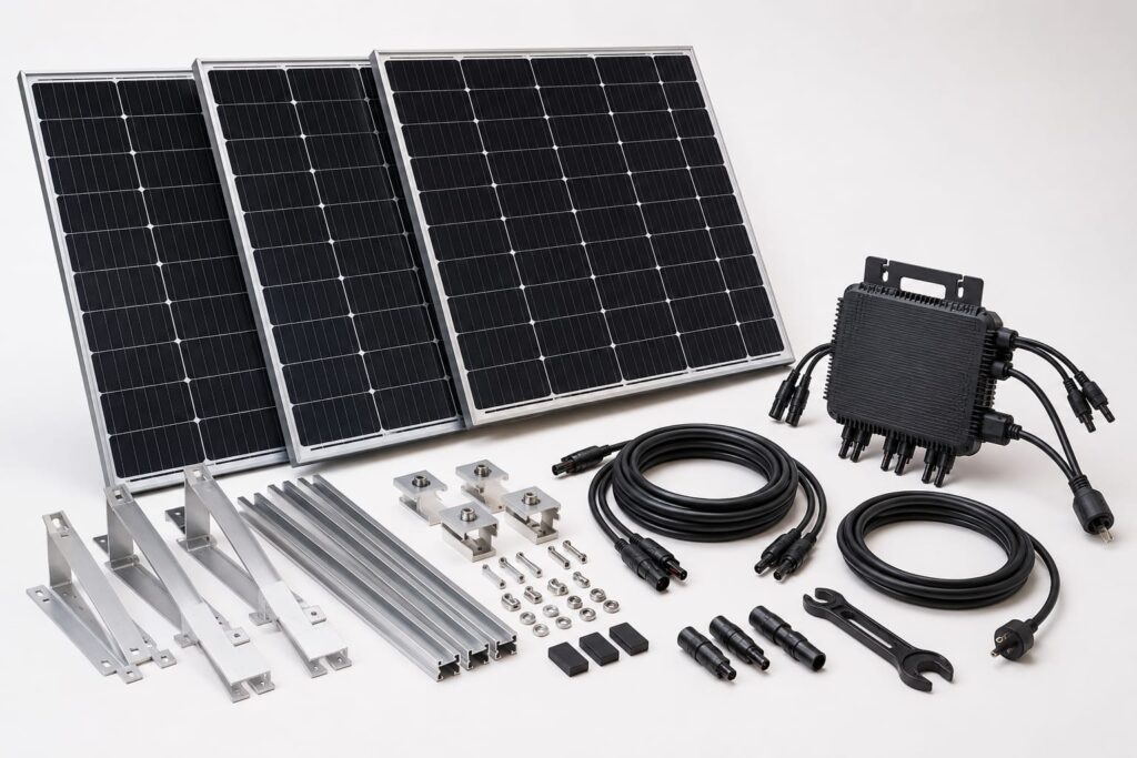 Komponenten eines 1200W Balkonkraftwerks mit Solarmodulen, Wechselrichter, Halterung und Anschlusskabeln