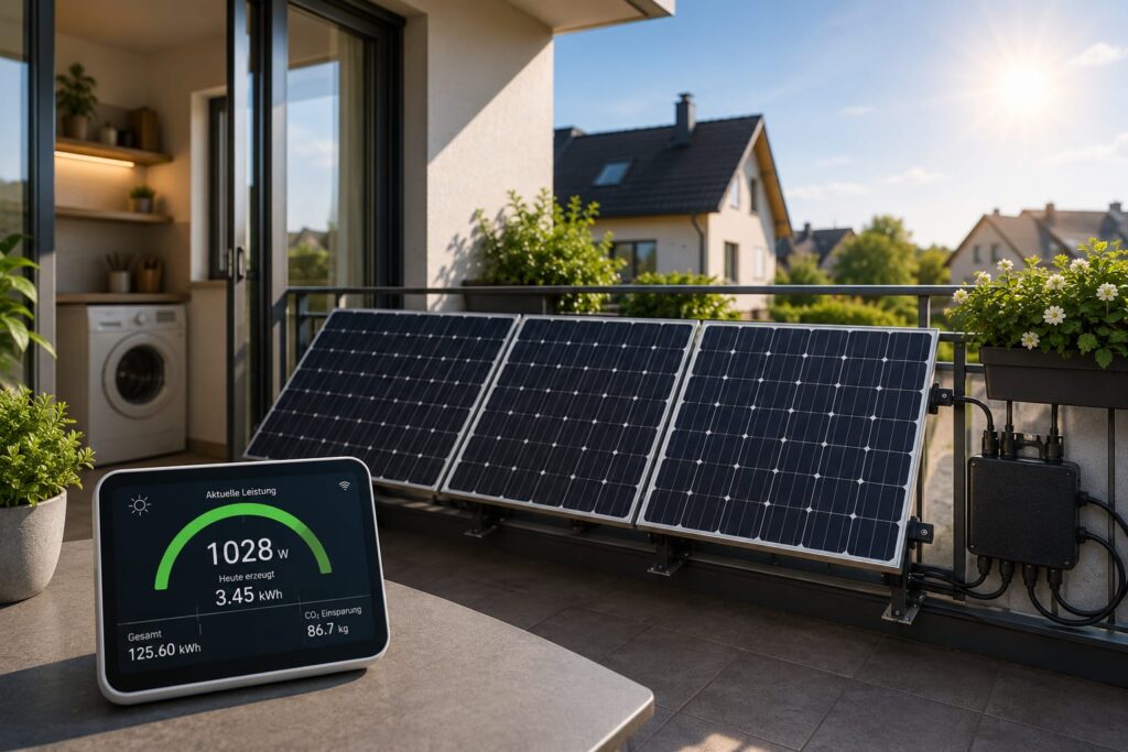 Stromerzeugung eines 1200 Watt Balkonkraftwerks mit Solarmodulen auf einem sonnigen Balkon