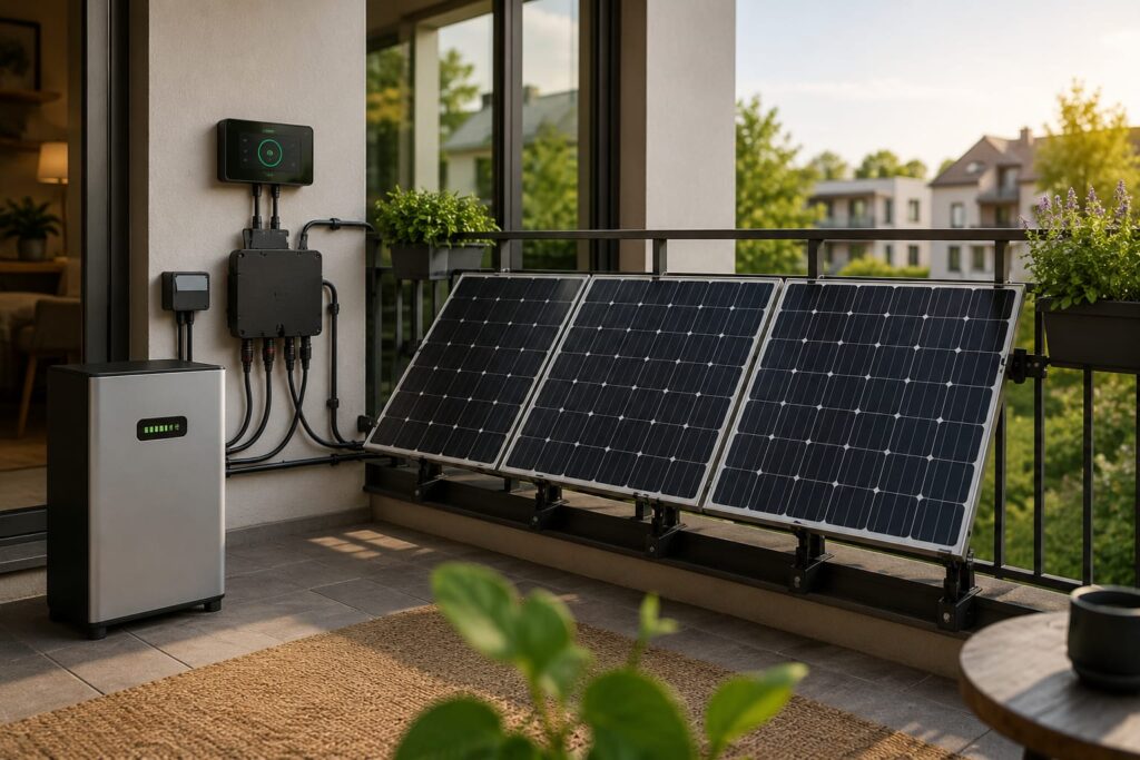 Erweiterbares 1200 Watt Balkonkraftwerk mit Solarmodulen, Batteriespeicher und Energiemanagement auf einem modernen Balkon