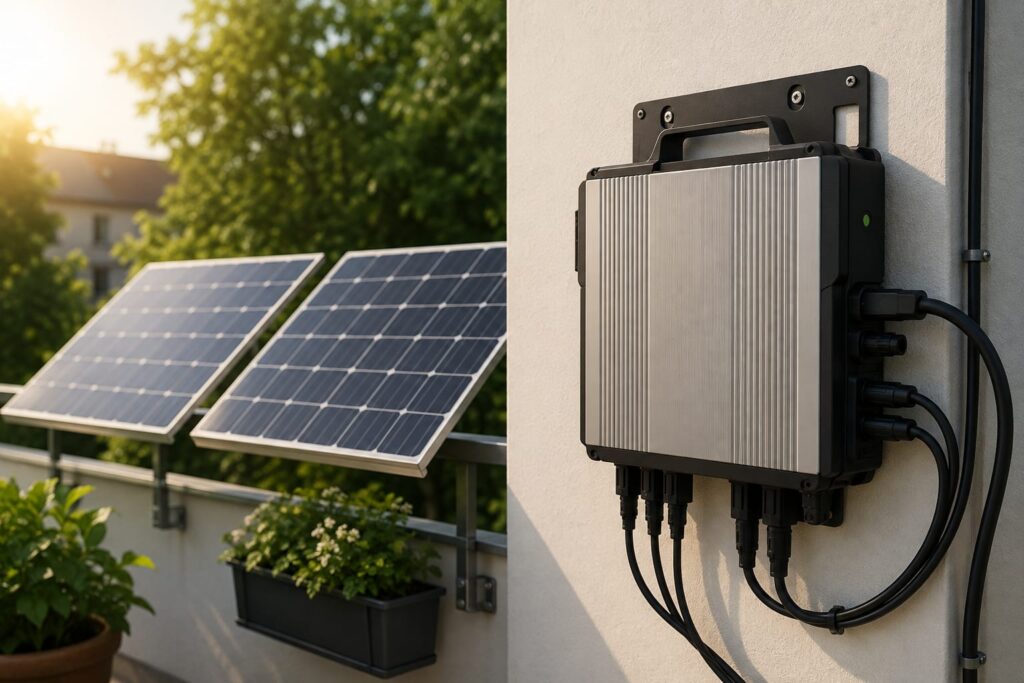 Balkonkraftwerk mit 1600W Wechselrichter und Solarmodulen auf einem Balkon