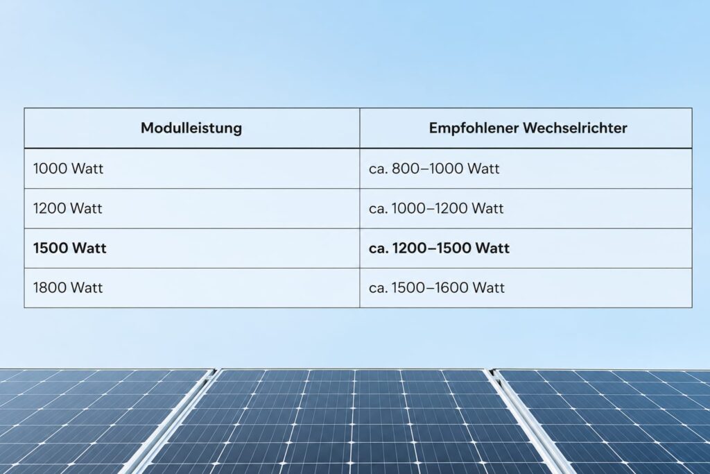 Tabelle mit der empfohlenen Wechselrichterleistung für Solarmodule mit 1000, 1200, 1500 und 1800 Watt auf hellblauem Hintergrund mit Solarmodulen.