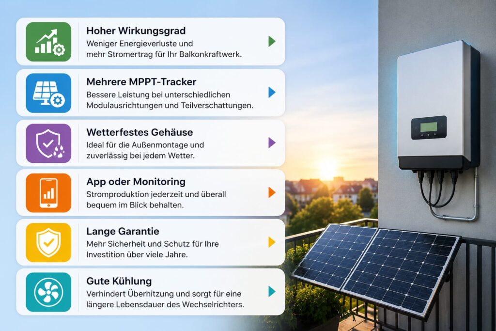 Infografik mit den wichtigsten Kaufkriterien für einen Wechselrichter, darunter hoher Wirkungsgrad, MPPT-Tracker, wetterfestes Gehäuse, Monitoring, Garantie und Kühlung neben Solarmodulen.
