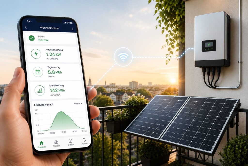 Smartphone mit Solar-Monitoring-Dashboard neben einem Wechselrichter und Solarmodulen auf einem Balkon