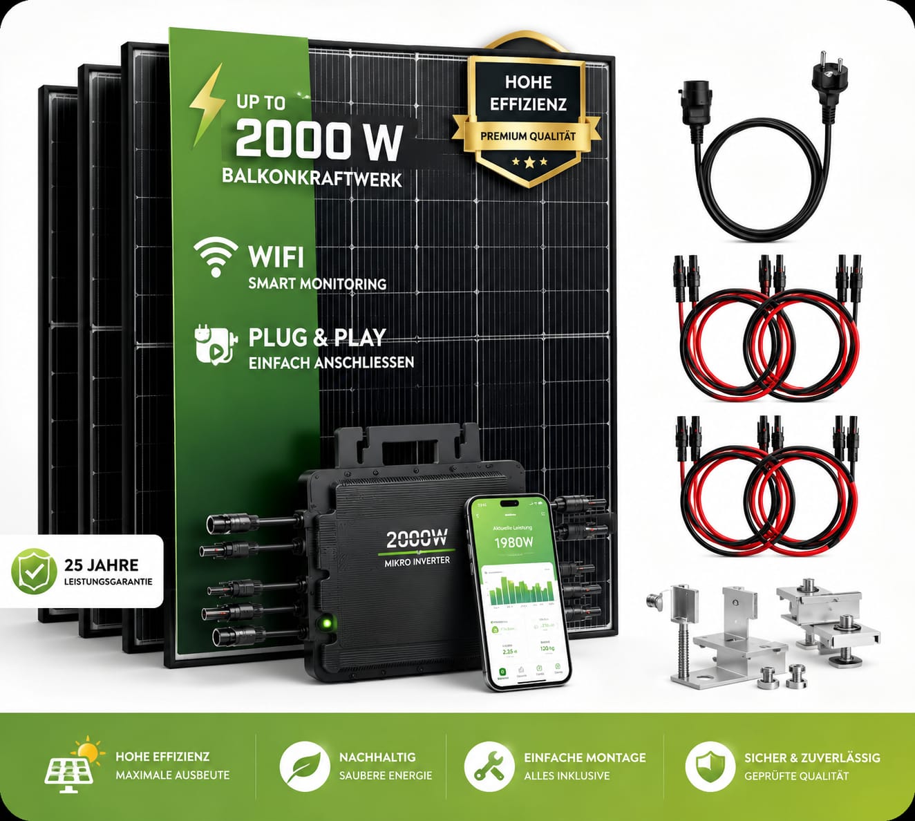 Balkonkraftwerk 2000 Watt mit Solarmodulen, Wechselrichter, WLAN-Überwachung und Montagematerial