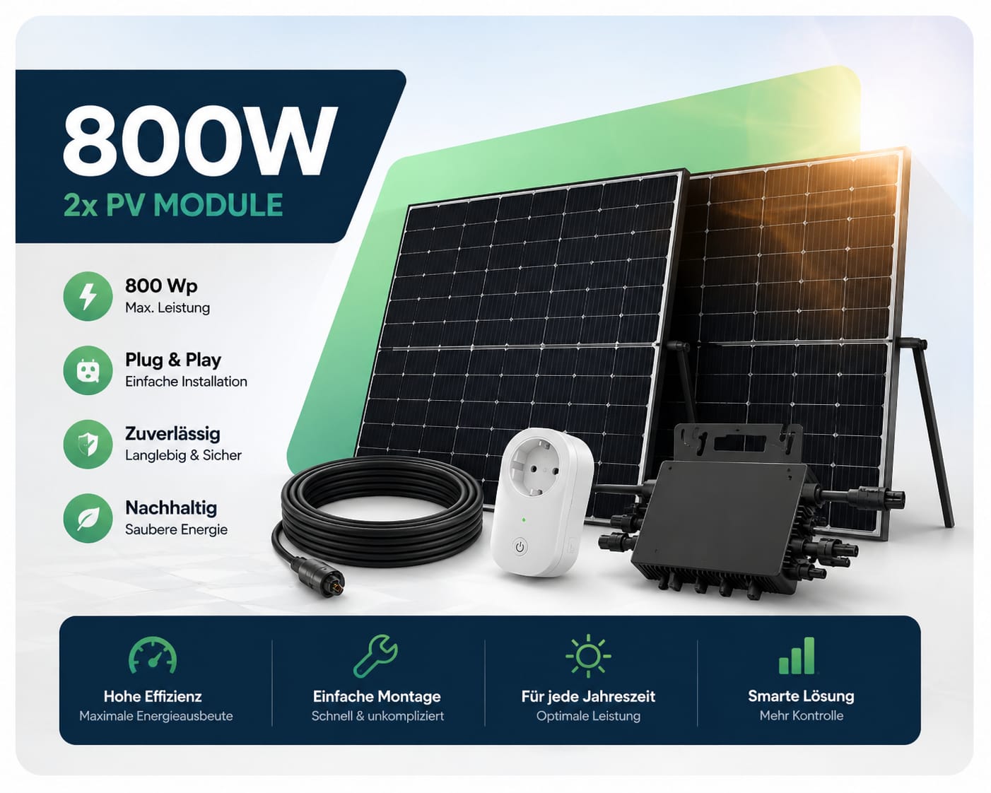 Balkonkraftwerk 800 Watt Komplettset mit Solarmodulen, Wechselrichter und Anschlusskabel