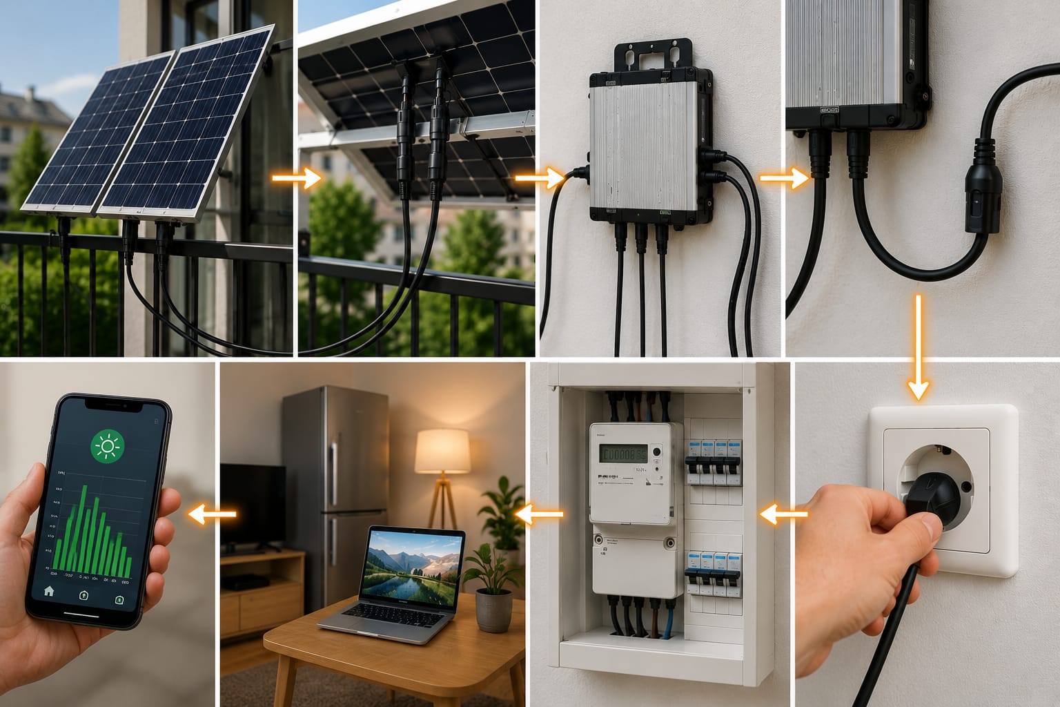 Balkonkraftwerk Anschluss mit Solarmodulen, Wechselrichter, Steckdose und sichtbarem Energiefluss zu Haushaltsgeräten.