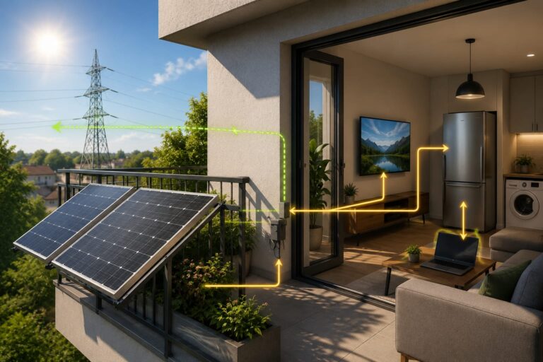 Balkonkraftwerk speist Solarstrom ins Haus und überschüssige Energie ins Stromnetz ein
