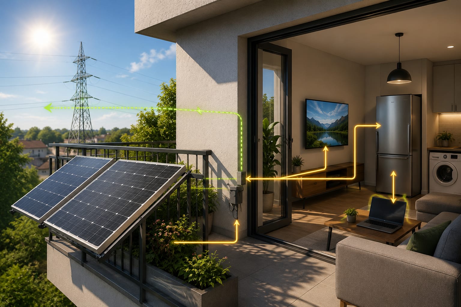 Balkonkraftwerk speist Solarstrom ins Haus und überschüssige Energie ins Stromnetz ein