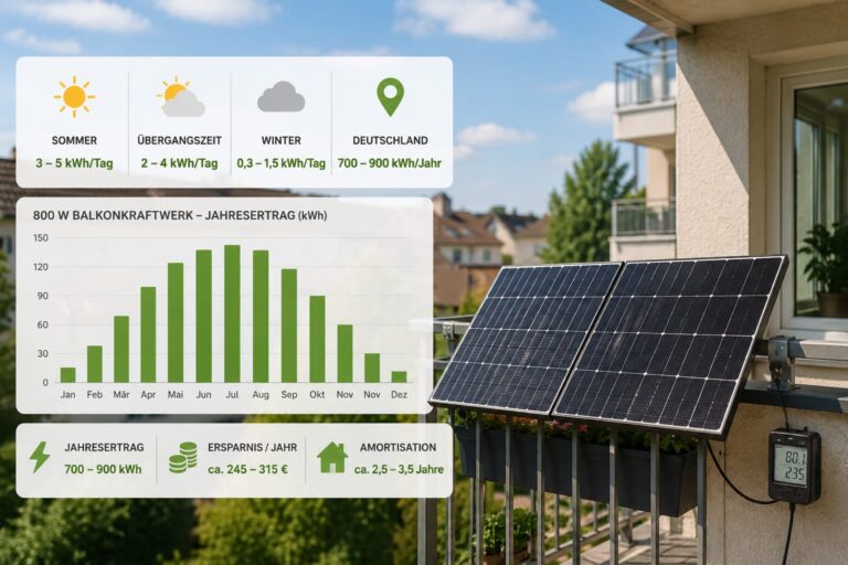 Balkonkraftwerk Ertrag 800 Watt mit Jahresertrag, Tagesertrag und Stromersparnis in Deutschland
