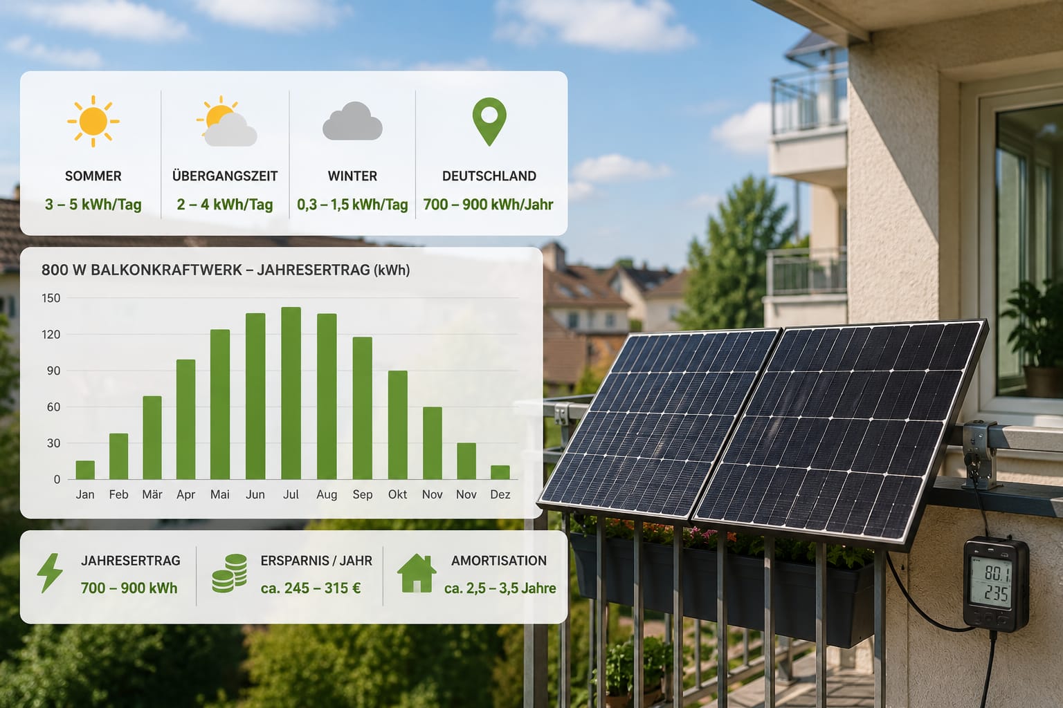 Balkonkraftwerk Ertrag 800 Watt mit Jahresertrag, Tagesertrag und Stromersparnis in Deutschland