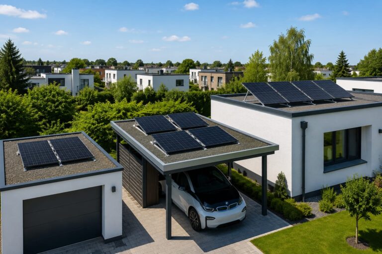 Verschiedene Flachdächer mit Balkonkraftwerken auf Garage, Carport und Wohnhaus