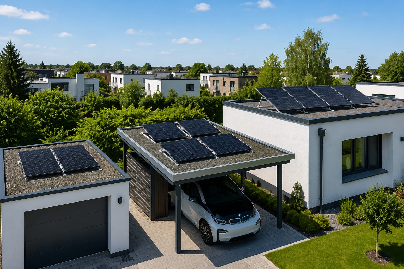 Verschiedene Flachdächer mit Balkonkraftwerken auf Garage, Carport und Wohnhaus