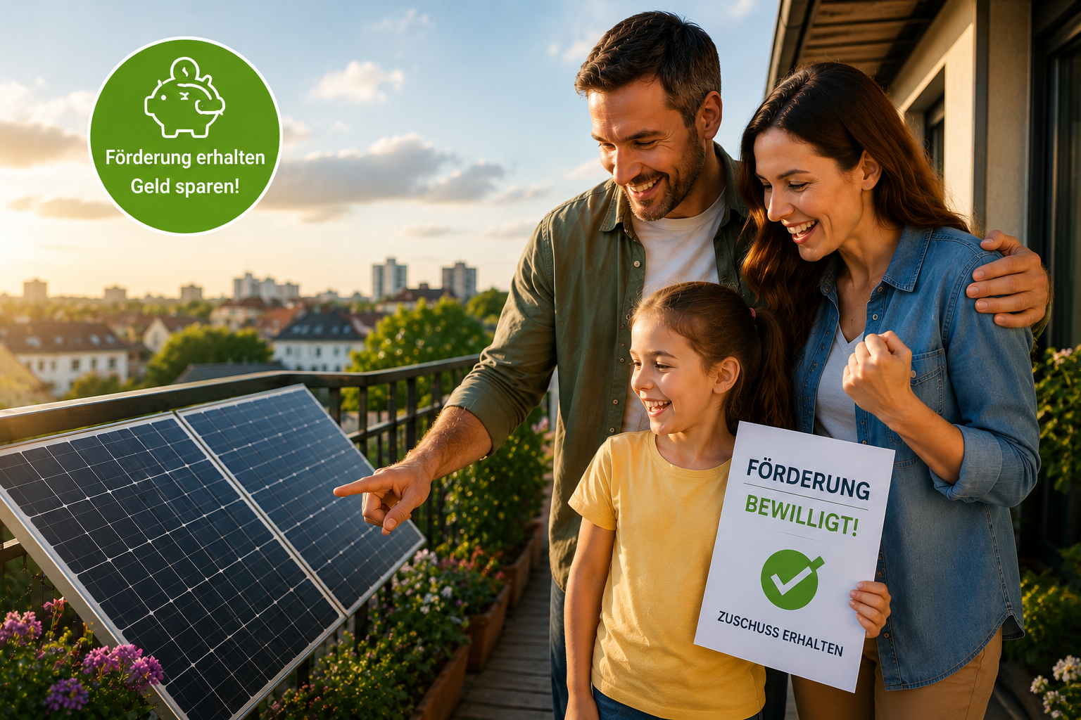 Familie freut sich über bewilligte Balkonkraftwerk Förderung und betrachtet Solarmodule auf dem Balkon