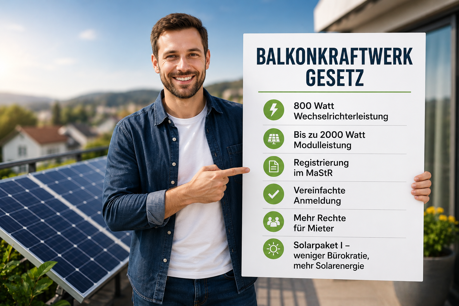 Mann hält ein Schild mit den wichtigsten Balkonkraftwerk-Gesetzen vor Solarmodulen auf einem Balkon in Deutschland.