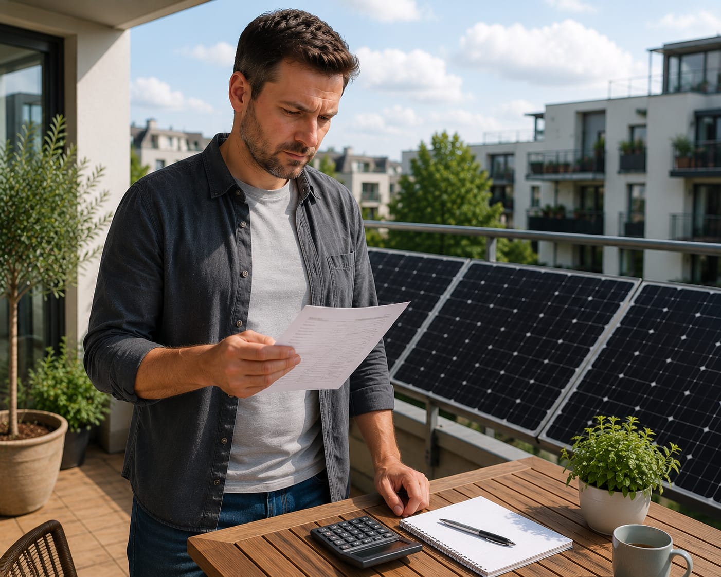 Mann prüft die Kosten eines Balkonkraftwerks mit Dokument und Taschenrechner vor Solarmodulen auf dem Balkon