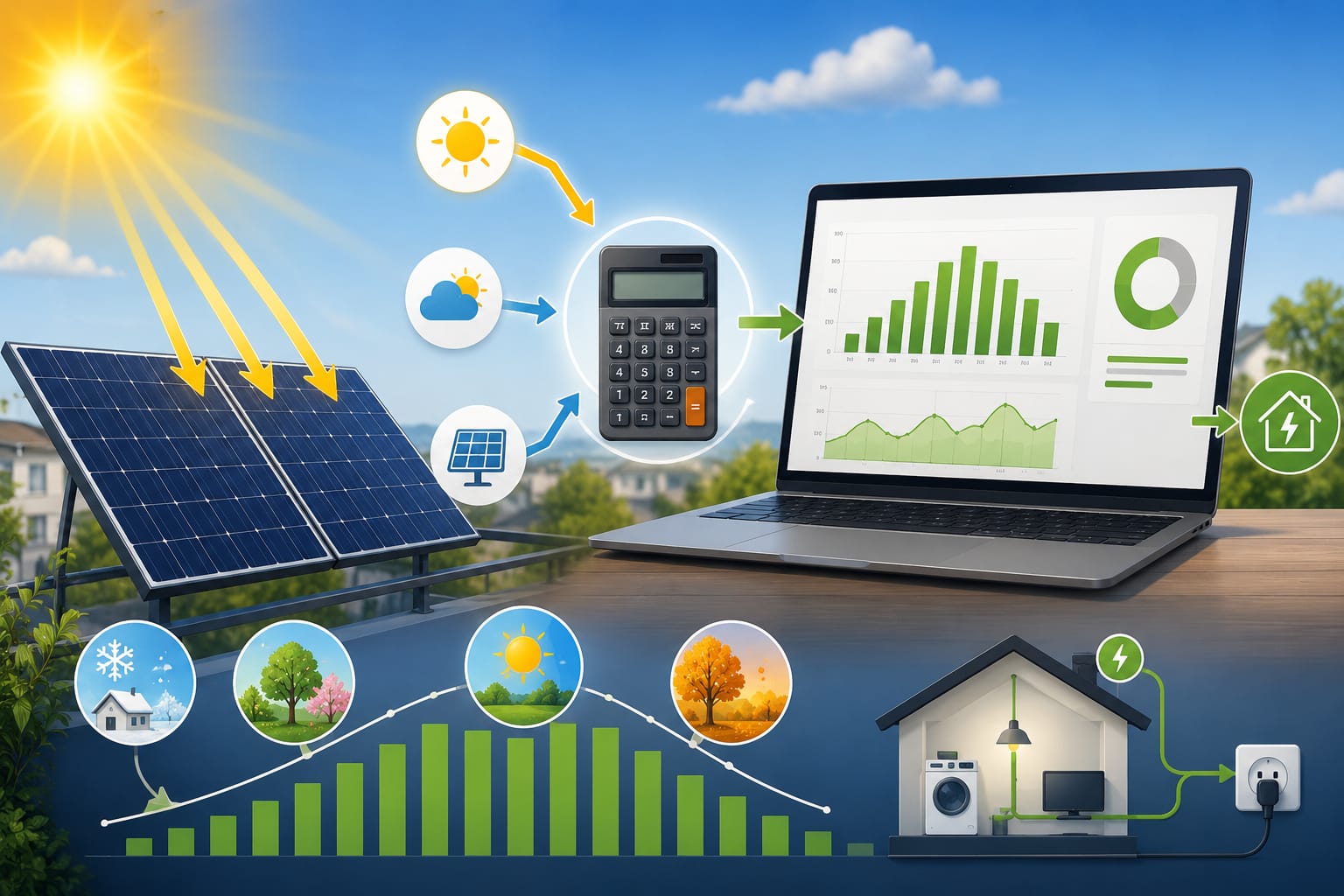 Balkonkraftwerk Rechner zur Berechnung des geschätzten Jahresertrags mit Solarmodulen, Rechner, Diagrammen und Energiefluss