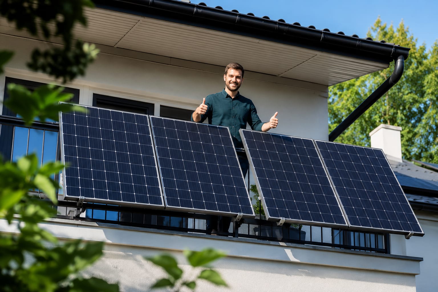 Mann auf dem Balkon mit modernem Balkonkraftwerk und mehreren Solarmodulen an einem Einfamilienhaus