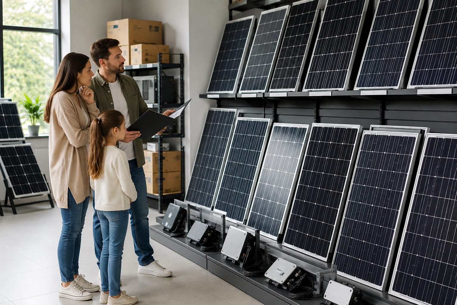 Familie vergleicht verschiedene Balkonkraftwerk-Komplettsets in einem modernen Solar-Fachgeschäft