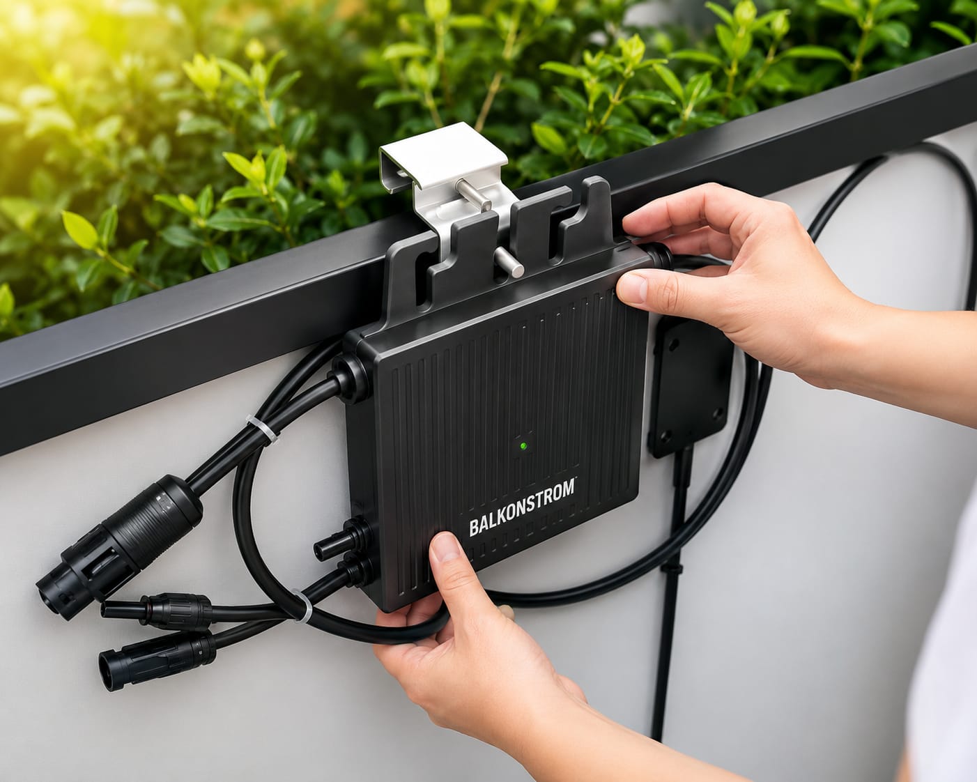 Balkonkraftwerk Wechselrichter wird an einem Balkongeländer montiert, während die Kabel für die Solaranlage angeschlossen werden.