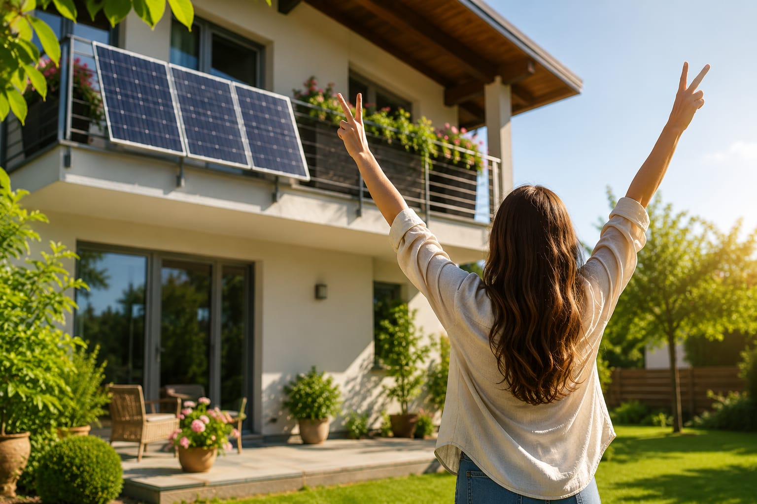 Junge Frau freut sich über ihr Balkonkraftwerk und betrachtet die Solarmodule auf dem Balkon eines modernen Hauses.