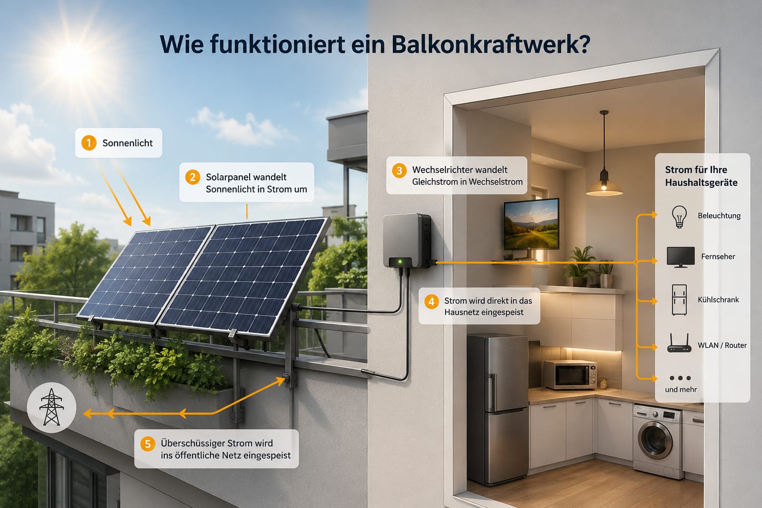 Wie funktioniert ein Balkonkraftwerk mit Solarmodulen, Wechselrichter und Stromversorgung im Haushalt