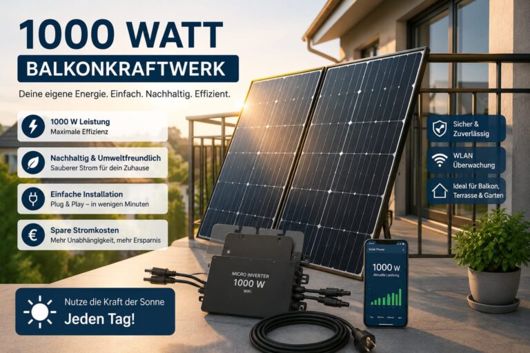 Balkonkraftwerk 1000 Watt mit zwei Solarmodulen, Mikro-Wechselrichter und Smartphone-App auf einem modernen Balkon.