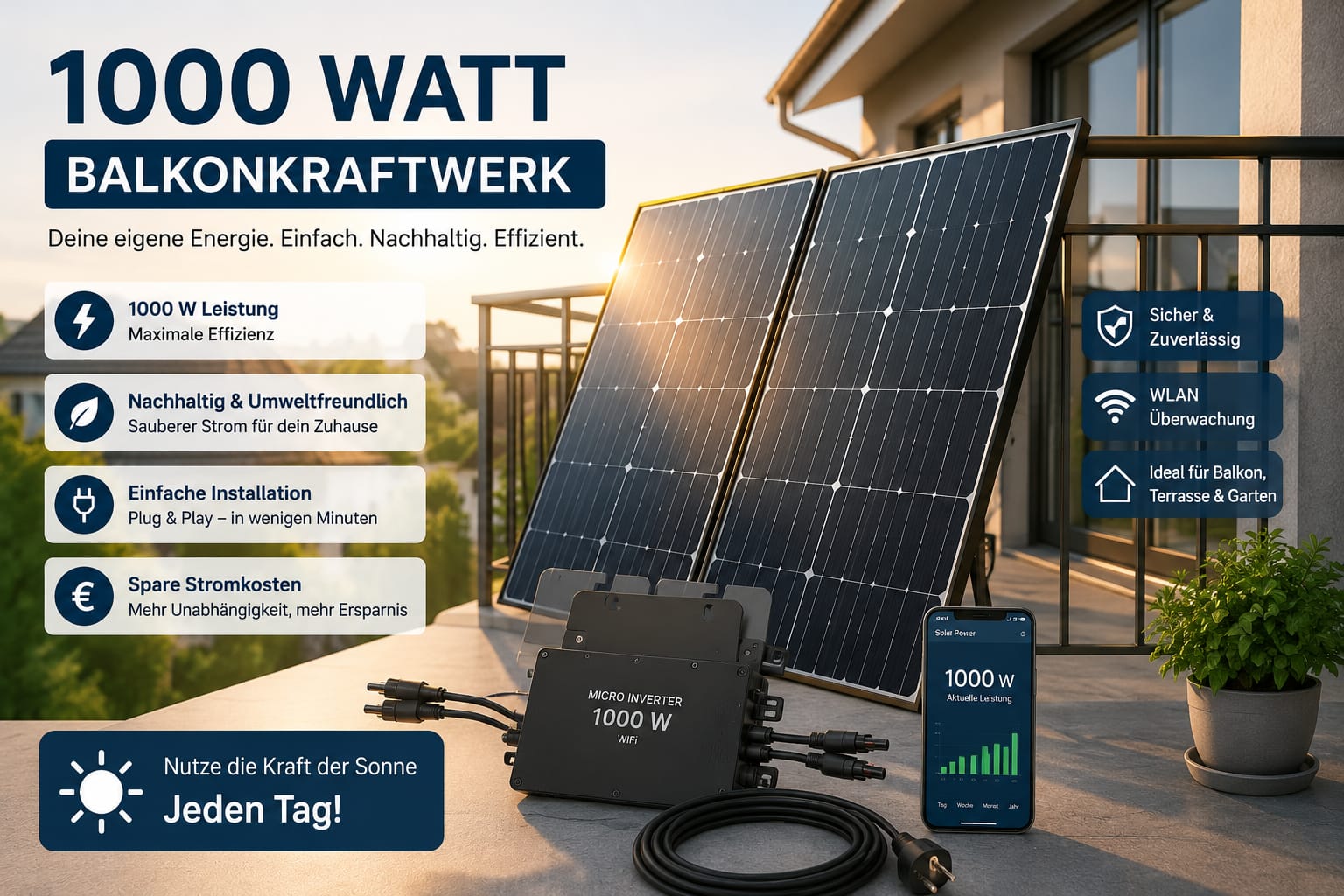 Balkonkraftwerk 1000 Watt mit zwei Solarmodulen, Mikro-Wechselrichter und Smartphone-App auf einem modernen Balkon.