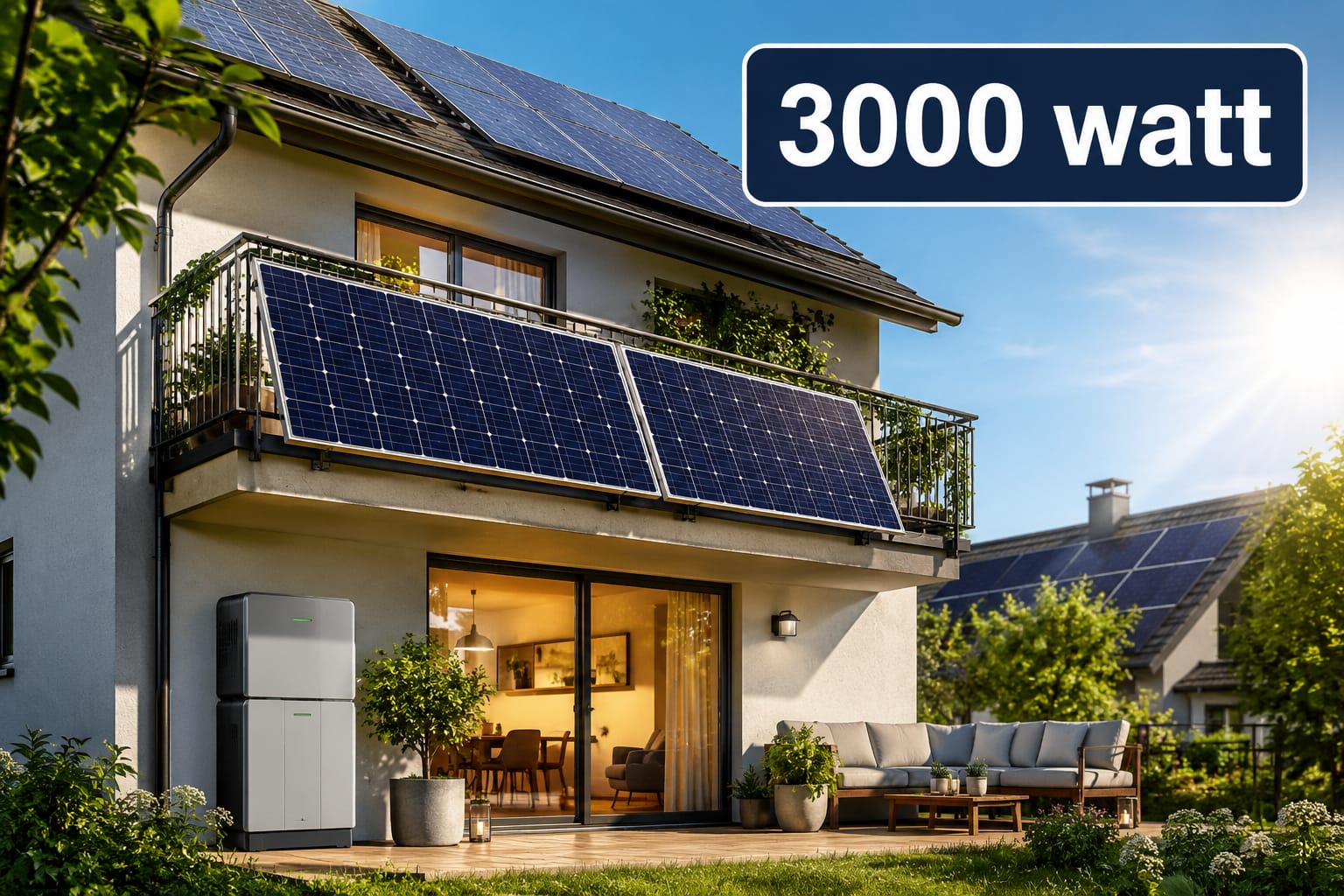Balkonkraftwerk 3000 Watt mit Solarmodulen und Batteriespeicher an einem Einfamilienhaus