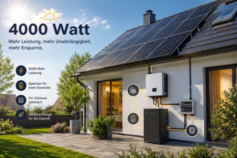 Modernes Balkonkraftwerk 4000 Watt mit Solarmodulen, Speicher und Wechselrichter an einem Einfamilienhaus bei sonnigem Wetter