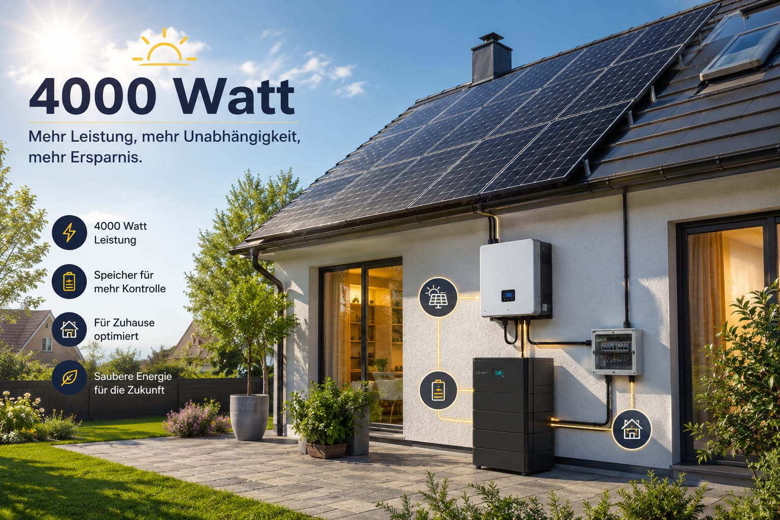 Modernes Balkonkraftwerk 4000 Watt mit Solarmodulen, Speicher und Wechselrichter an einem Einfamilienhaus bei sonnigem Wetter