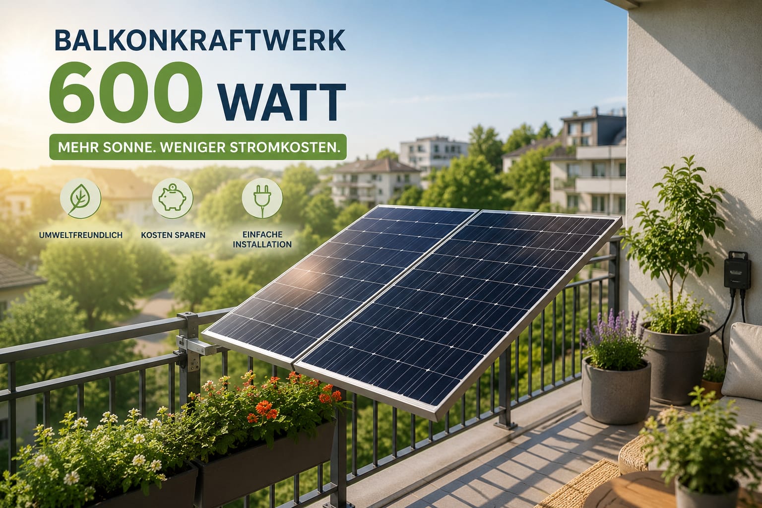 Balkonkraftwerk 600 Watt mit zwei Solarmodulen auf einem sonnigen Balkon