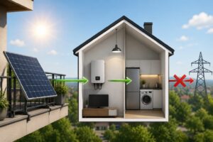 Schema einer Balkonkraftwerk Nulleinspeisung mit Solarpanel, Haus und keiner Stromeinspeisung ins öffentliche Netz